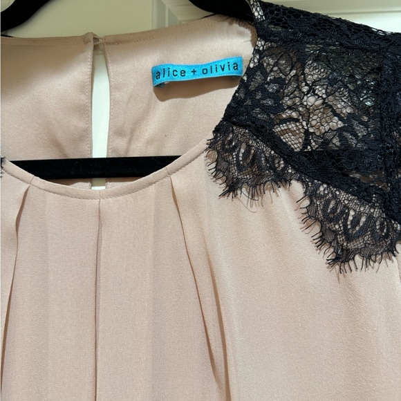 Alice + Olivia Blush Silk Blouse with Black Lace Trim size Small - Picture 2 of 9